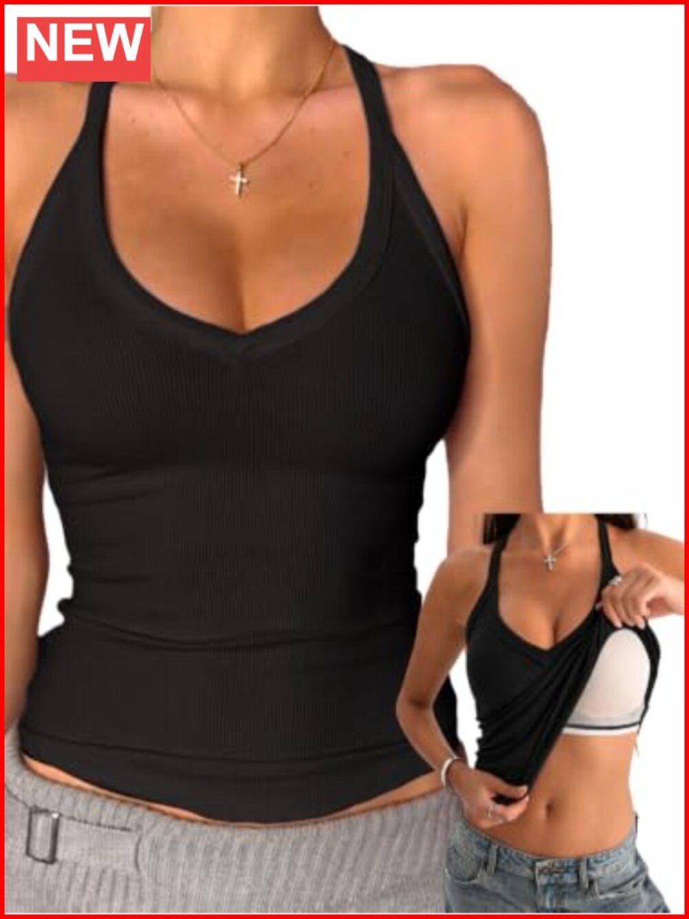 V Neck Cotton Tank Top with Built-in Shelf Bra Racerback Fitted Cami